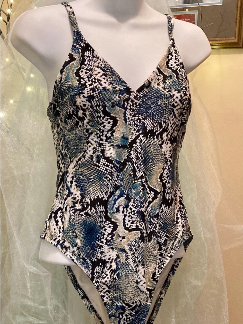 Shade & Shore Blue Black Snake-Print One-Piece Swimsuit